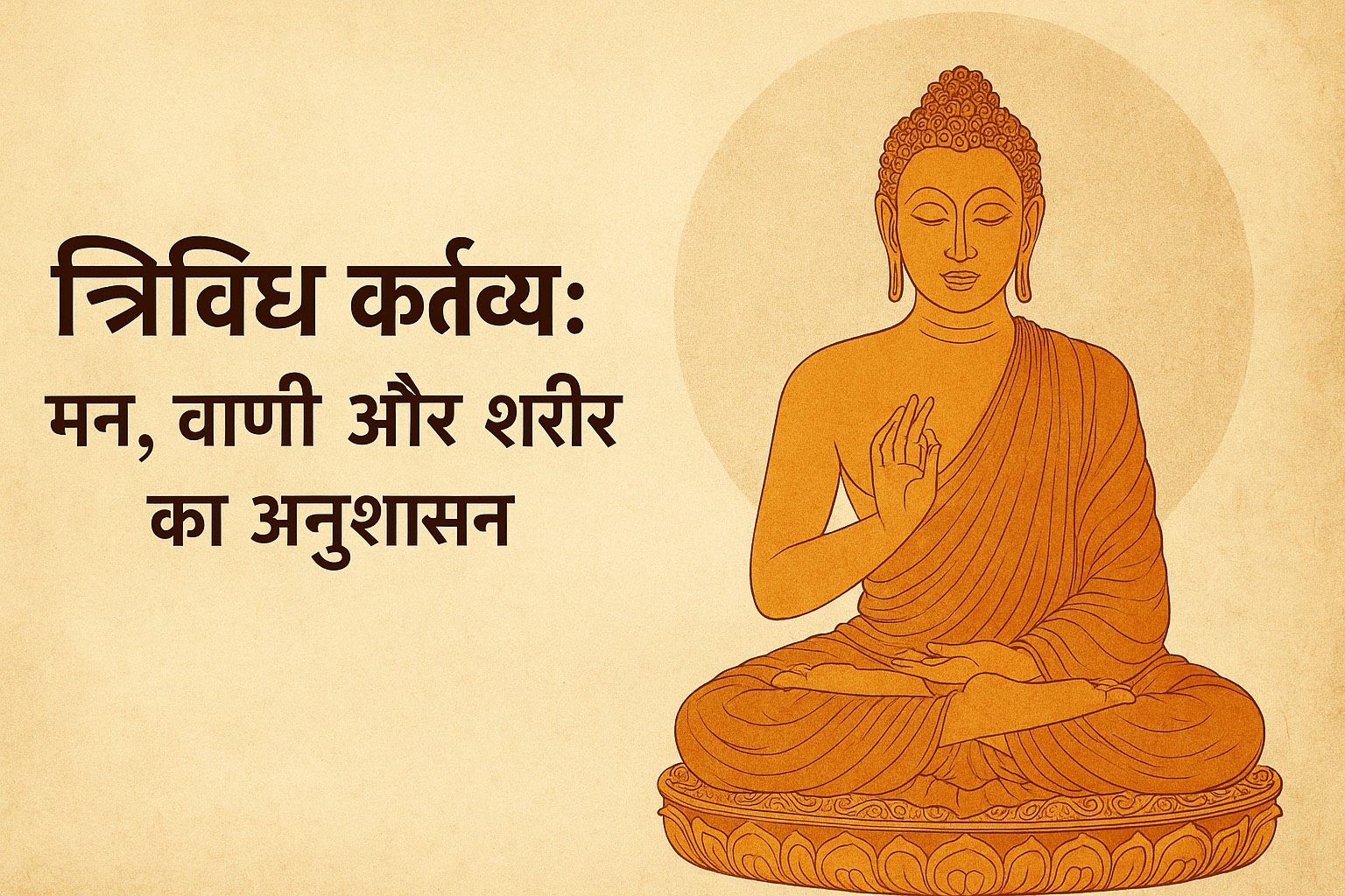 A serene Buddhist-themed landscape illustration showing a calm monk meditating in nature, surrounded by three symbolic icons representing Mind (a glowing brain), Speech (a lotus with sound waves), and Body (a sitting posture or footprints) — gentle warm colors like saffron, ochre, and sky blue, minimalistic style, peaceful atmosphere, suitable for a spiritual blog header.