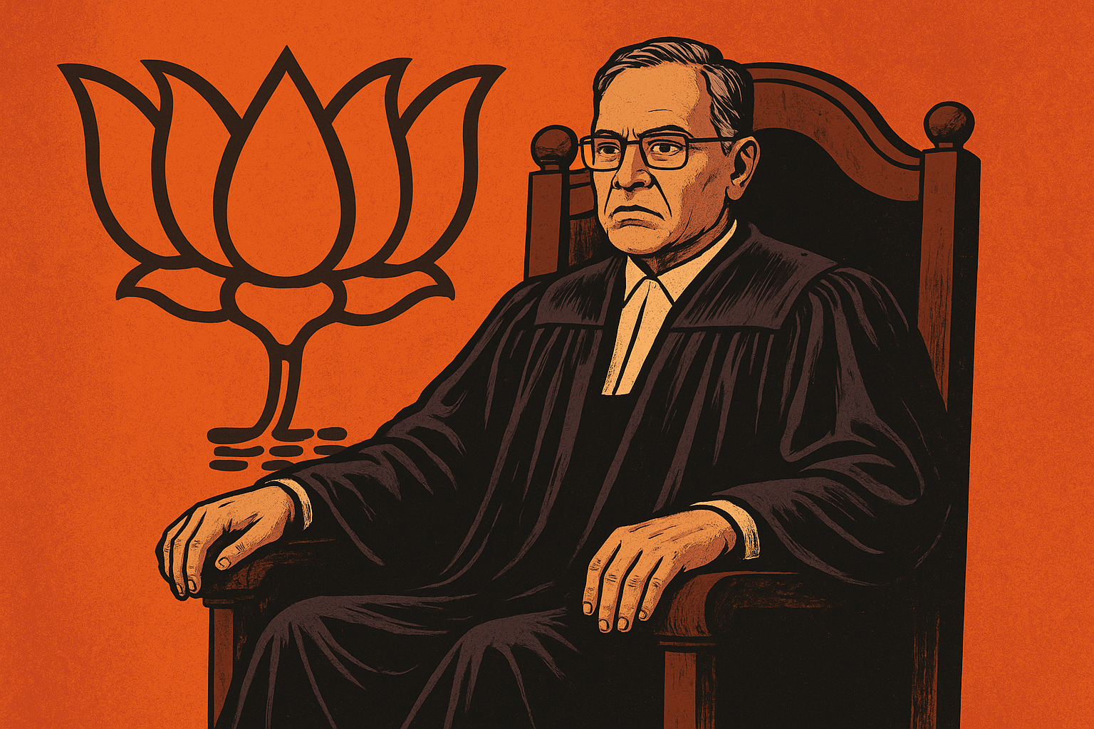 कुर्सी पर बैठा हुआ एक जज, उसके बगल में दीवार पर बीजेपी का चुनाव चिन्ह कमल का फूल दिख रहा है।