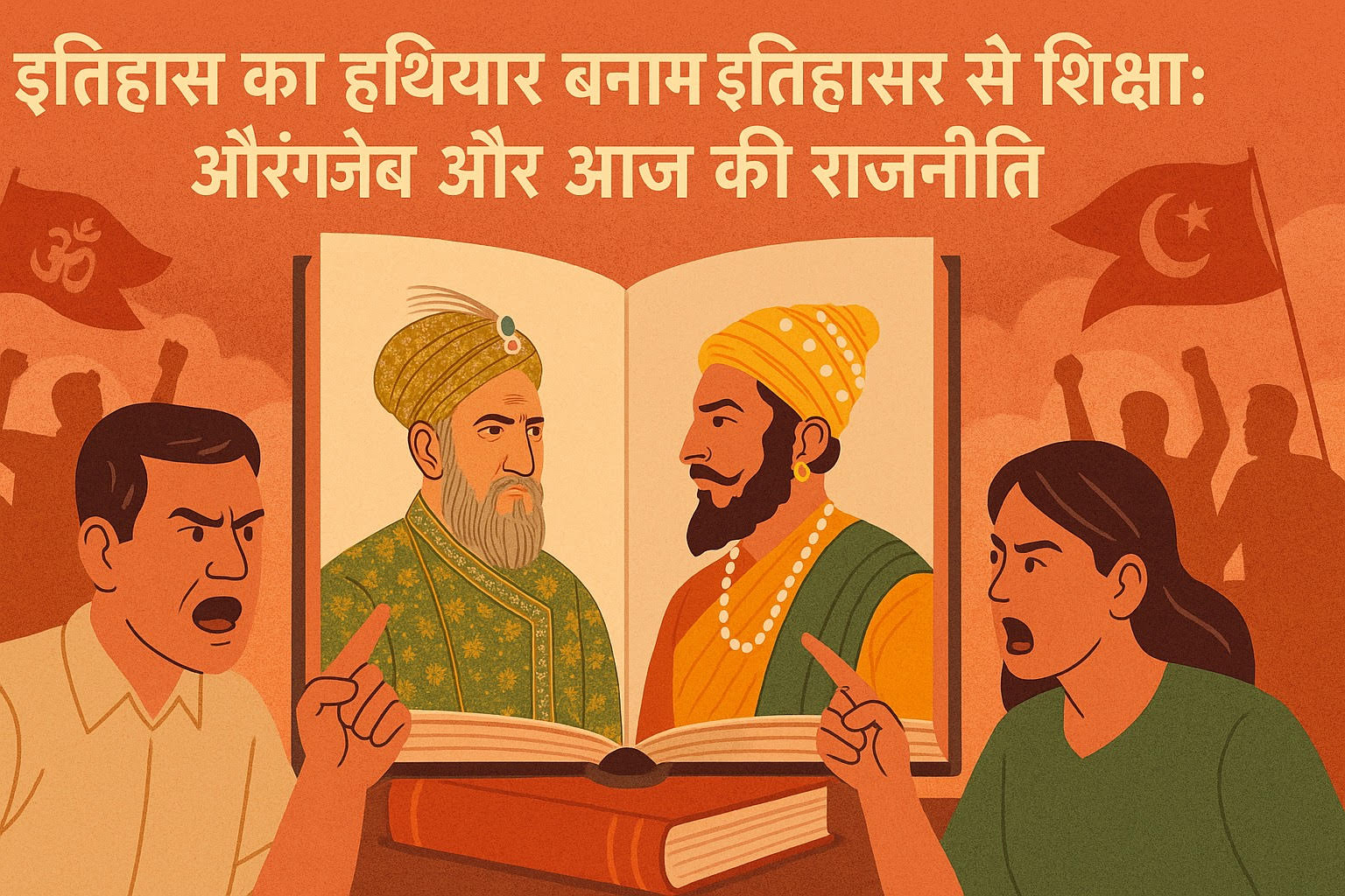 औरंगजेब और शिवाजी के चित्रों के बीच खड़ी एक पुस्तक, जिसके दोनों ओर लोग बहस कर रहे हैं; पीछे सांप्रदायिक ध्रुवीकरण का प्रतीकात्मक दृश्य