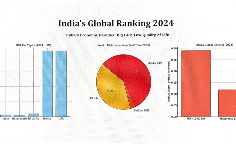 Pie chart showing India&rsquo;s wealth distribution in 2023 &ndash; Top 1% rich, bottom 50%, and remaining 49%.